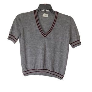 Vicolo Women’s Vintage Gray Vneck Academia Short Sleeve Medium Large Pullover